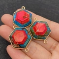 Sechseckige Verbinder aus Imperialstein mit Goldrand für die Schmuckherstellung geeignet - Rot Blau Braun Spleiß (Nr. 3) / 24x33mm