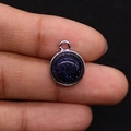 Blue goldstone round mini pendant with silver plated bezel for DIY necklace making - 12x15mm, 2g / Blue Sandstone