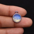 Blue planet style natural stone pendant with silver plated round edge for DIY jewelry - 12x15mm, 2g / Opal