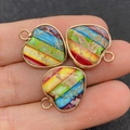 Colgantes de corazón en piedra imperial arcoíris con borde dorado para joyería DIY - 16x19mm / Textura de Rayas de Arco Iris (12)
