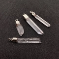 Set of four clear quartz hexagonal prism pendants with silver metal loop caps - Single Hole Style / Silver