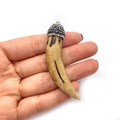 Resin ivory horn pendant with sparkling rhinestones and silver loop for DIY jewelry - Chili Pepper Shape / 15x66mm / Beige With Rhinestone