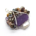 Irregular baroque pearl pendant with purple druzy and handmade silver wire wrapping - 30x45-35x48mm / No.3 Purple