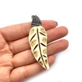 Leaf resin pendant with rhinestones and carved texture for DIY jewelry making - Leaf / 21x63mm / Ivory With Brown Veins