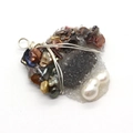 Irregular black druzy pendant with silver wire wrap and white baroque pearl accent - 30x45-35x48mm