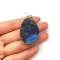 Irregular blue crystal druzy teardrop pendant with gold metallic plating and clip - 29x39-29x47mm / No.2 (Blue Aurora + Gold Edge)