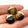 Trois pendentifs en pierre Oeil de Tigre facettée avec boucles dorées pour bijoux DIY - Œil de tigre / 15x19mm
