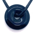 Polished black obsidian donut pendant with a minimalist black woven cord necklace - Black Agate
