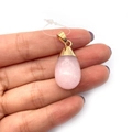 Pink teardrop natural stone pendant with gold clasp held in hand for size display - Rose Quartz / 16x29mm