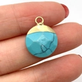 Pendentif rond en pierre naturelle avec bordure en métal doré pour création de bijoux - Turquoise Bleue / 15x19mm