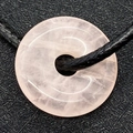 Pink natural stone donut pendant with black cord necklace and smooth crystal texture - Rose Quartz