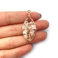 Handmade golden wire wrap Tree of Life leaf-shaped pendant with clear natural stones - Leaf-Shaped Clear Crystal Style (No. 1) / 18x41mm