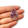Silver tree of life wire-wrapped teardrop pendant with purple amethyst stone chips - Teardrop Amethyst Style (No. 2) / 21x40mm