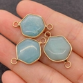 Tre connettori esagonali in pietra imperatore azzurro con bordi dorati per gioielli - 16x25mm / Amazzonite