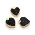 Three heart-shaped black druzy pendants with gold plated edges and metal rings - 13x16mm / Black