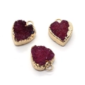 Macro detail of three purple druzy quartz heart pendants with gold plated textured edges - 13x16mm / Deep purple