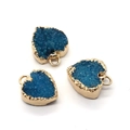 Blue druzy heart pendants with gold-plated edges and single hanging loops for DIY jewelry - 13x16mm / Blue