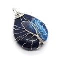 Water drop blue agate pendant with silver wire wrapped Tree of Life design on white background - Deep Blue Agate (1)