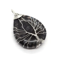 Natural agate teardrop pendant with silver wire tree of life wrap in black stone - Grey Black Texture Stone (2)