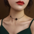Minimalist black cutout rose pendant choker necklace for elegant french style women - Black Double Rose Necklace (P541) / 32+5cm