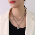 Silver double-layer chunky Cuban chain necklace with bulletproof gun pendant - 88cm / Steel