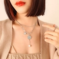 Collier double couche argenté avec pièce de portrait, pendentif cœur et perle - Couleur Acier (Collier Double Couche)