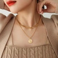 Double-layered gold portrait coin necklace with chunky curb chain and vintage pendant - Gold Double Layered Necklace