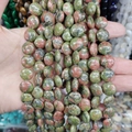 Flat round Unakite natural stone beads with green and pink patterns for jewelry making - 12x6mm / Unakite
