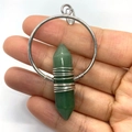 Green aventurine hexagonal pillar pendant with silver metal wrap in a circular frame - 38x61mm / Green Aventurine