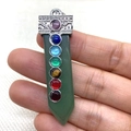 Sword-shaped green aventurine chakra pendant with seven colorful gemstone inlay - Green Aventurine