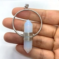 Silver wire wrapped round opalite pendant with hexagonal crystal point for DIY jewelry - 38x61mm / Opal