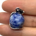 Blue sodalite sphere pendant with silver metal bail and natural marble pattern texture - 16x23mm / Blue Spot Stone