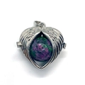Winged heart-shaped cage pendant with purple and green stone in silver finish - Ruby Zoisite