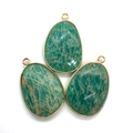 Close-up of three faceted teardrop natural stone pendants with gold-plated metal borders - Amazonite / 22x35mm 7g