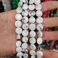Flat round white turquoise beads with grey marble veins for DIY jewelry making - 12x6mm / Howlite