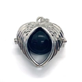 Lapis Lazuli heart shaped pendant featuring silver angel wings and black stone sphere - Black Agate