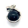 Spherical black gemstone pendant with silver dragon scale carved setting - Black Agate / 22x28mm