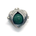 Vintage heart-shaped wing pendant with dark green gemstone sphere in silver finish - Green Aventurine