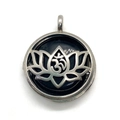 Pendentif lotus rond argenté avec symbole Om et design ajouré pour collier DIY - 26x31mm / Agate noire