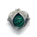 Silver angel wings locket with green malachite stone inlay heart pendant necklace - Malachite