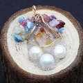 Handcrafted brown crystal pendant with colorful raw stones and pearls on wood - 33x46-35x50mm / Style 1 (Gold Wire)