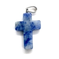 Macro shot of blue and white natural stone cross pendant with silver metal bail clasp - Blue Spot Stone