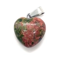 Polished heart-shaped unakite natural stone pendant with a silver metal bail - Unakite