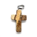 Macro shot of cross pendant made of natural tiger eye stone with a silver metal clasp - Picture Jasper