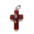 Close-up of red agate cross pendant with natural texture and silver bail clasp - Red Agate
