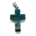 Deep green natural stone cross pendant with silver metal clasp for DIY jewelry - Moss Agate