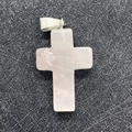 Minimalist pink rose quartz cross pendant with a polished silver metal bail and ice crack pattern - Rose Quartz