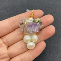 Handmade amethyst and pearl grape cluster pendant with gold wire wrapping on hand - 25x50-30x60mm