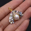 Handmade gold wire wrapped large white pearl pendant with colorful shell fragments - Round Artificial Pearl Style (No. 4) / 24x25-27x40mm / Rainbow