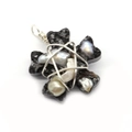 Handcrafted black stone and freshwater pearl pendant with silver wire wrap design - Black Ore Irregular Cross Style (H)